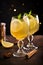 Grog or Punch drink. Warm alcoholic cocktail made of rum, sugar, spices and lemon juice on dark background. White wine sangria.