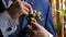 Groom boutonniere on a man corrects his pocket