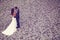 Groom and bride on bricks pavement