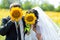 Groom with the bride are closed by sunflowers