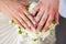 Groom and bride holding hands with wedding rings