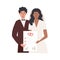 A groom and bride holding signed marriage contract. Interracial married couple with prenup document. Newlyweds with