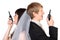 Groom and bride shout on radio isolated