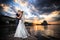 Groom, bride, sunset, beach