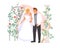 Groom and bride wearing ceremonial dress and suit vector illustration