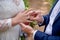 Groom dresses the bride ring on her finger