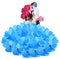 Groom with flower in hair and bride in lush blue skirt of petals and hairdress in form of bouquet of crimson roses