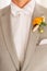 The groom in a gray suit with a white bow tie and a boutonniere with orange flowers in a hotel room, close-up