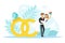 Groom Holding Bride on his Hands, Tiny Couple of Newlyweds Standing beside Bonded Wedding Rings Flat Vector Illustration