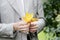 Groom holding maple leaf