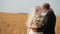 Groom kissing his beautiful bride on sunny yellow wheat field