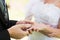 Groom placing ring on brides finger