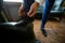 Groom putting his wedding shoes. Hands of wedding groom getting ready in suit