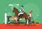 Groom, stableman feeding, cleaning thoroughbred equestrian show horse, vector illustration. Professional horse grooming.