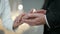 groom is stroking hand of his beloved bride in wedding ceremony, closeup view