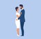 Groom in suit and bride in tight wedding dress, modern couple in love in elegant outfits. Vector illustration in flat