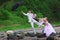 Groom with umbrella and bride - wedding joke