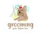 Grooming, dog with hairdressing scissors, illustration and logo design. Hairdresser for dogs, animals and pets, vector