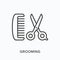 Grooming flat line icon. Vector outline illustration of scissors and hairbrush. Black thin linear pictogram for pet