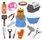 Grooming vector pet dog accessory or animals tools brush hair dryer in groomer salon illustration set of puppy doggy