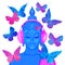 Groove. Modern Buddha listening to the music in headphones surrounded by butterflies isolated on white. Vector illustration. Acid