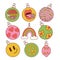 Groovy Christmas vibe set of Xmas tree balls and toys in trendy retro 60s hippie linear cartoon style. Peace, love