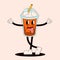 Groovy coffee character shows thumbs up. Vintage mascot in doodle style. Vector illustration isolated on a peach