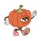 Groovy cute retro cartoon pumpkin character in vintage style. Walking Retro cartoon mascot. Contour hand drawn vector