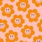 Groovy Daisy Flowers Seamless Pattern. Floral Vector Background with Smiling Faces in 1970s Hippie Retro Style