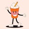 Groovy drink character in shape of disposable coffee cup. Retro cartoon person. Vector illustration isolated on a peach