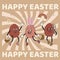 Groovy Easter card with funny eggs characters with cheerful faces.