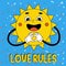 Groovy element funky cute sun. Funny cartoon character sun with hands with gloves. Love rules quote. Vector illustration