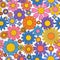 Groovy flower background. Retro hippy 70s seamless pattern. Simple funky 60s floral summer print, color pop vintage