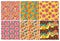 Groovy flowers background. Funky floral pattern, psychedelic 70s backdrop and hippie flower garden wallpaper vector set