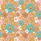 Groovy flowers pattern. Retro seventies floral seamless pattern with smiling face flowers