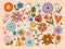 Groovy flowers vector set, retro wildflowers clipart