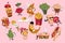 Groovy food set, funny takeaway dessert and breakfast menu collection of retro stickers