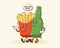 Groovy French Fries and Beer Retro Characters Label. Cartoon Potato and Bottle Walking Smiling Vector Food Mascot