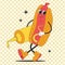 Groovy funny Hot Dog with mastard cartoon style. Retro sausage character