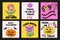 Groovy halloween cards in retro 70s style. Trick or treat. The power of monster flowers. Colorful scary poster with bat