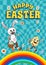 Groovy Happy Easter Poster Vintage. Funny bunny with egg, rainbow, Easter egg hunt