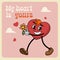 Groovy heart mascot character. Retro cartoon style. Walking cute cartoon heart mascot with flower. Best for valentines day greetin