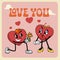 Groovy heart mascot characters. Retro cartoon style. Cute cartoon love scene. Best for valentines day greeting cards.