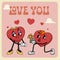 Groovy heart mascot characters. Retro cartoon style. Cute cartoon love scene. Best for valentines day greeting cards.