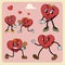 Groovy heart mascot characters set. Retro cartoon style. Cute cartoon love scenes.