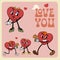 Groovy heart mascot characters set. Retro cartoon style. Cute cartoon love scenes.