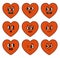 Groovy heart shape characters. Retro cartoon facial expression set.