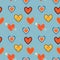 Groovy hearts seamless pattern. Psychedelic distorted vector background in 1970s-1980s hippie retro style for wrapping paper, web