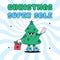 Groovy hippie Christmas super Sale card. Cute character Christmas tree in trendy retro style. Merry Christmas and Happy