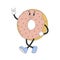 Groovy hippie donut walking. Cartoon character in trendy retro style.